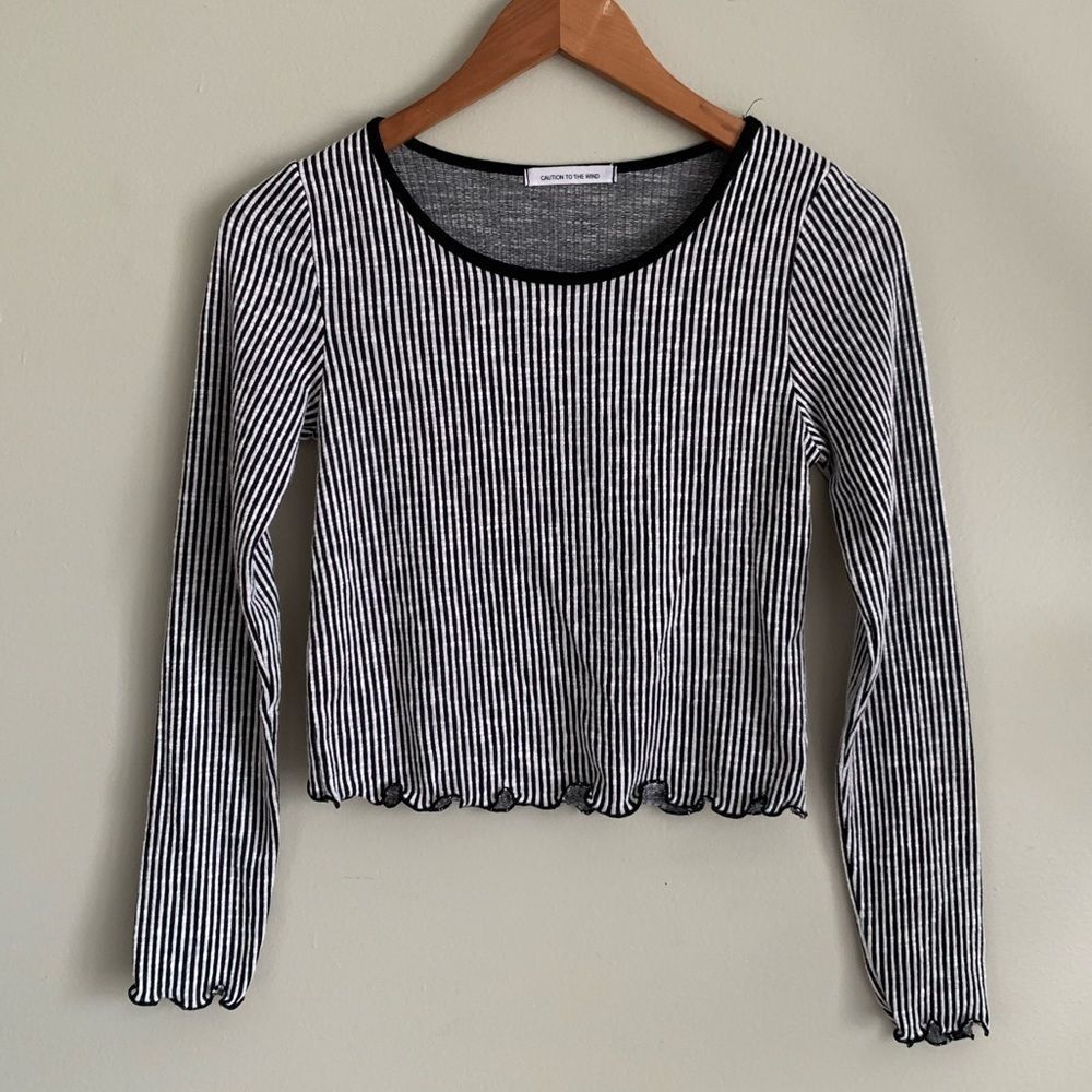 Caution To The Wind Black and White Ribbed Long Sleeve Crop Top